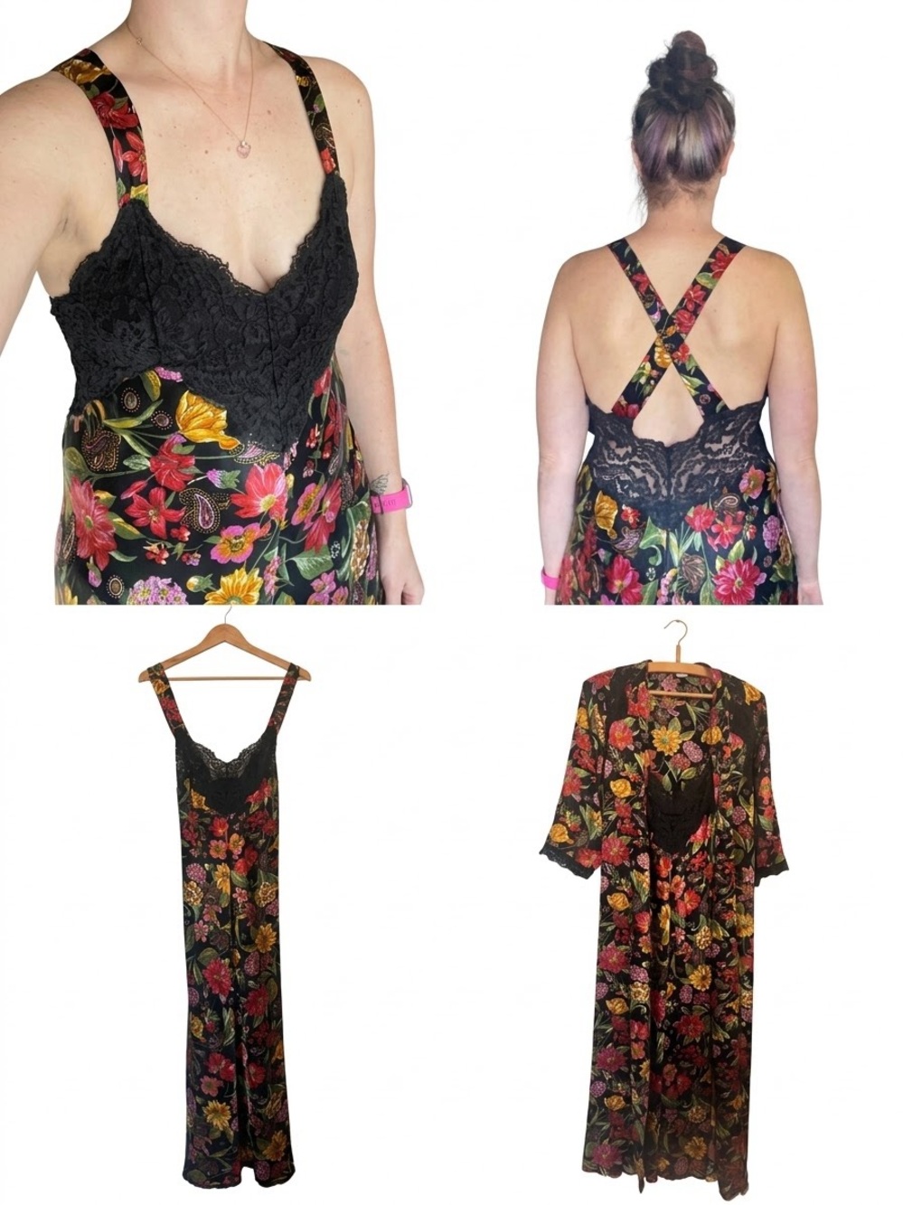 Vintage Vanity Fair Black Floral Lace-Trim Slip Dress with Matching Robe